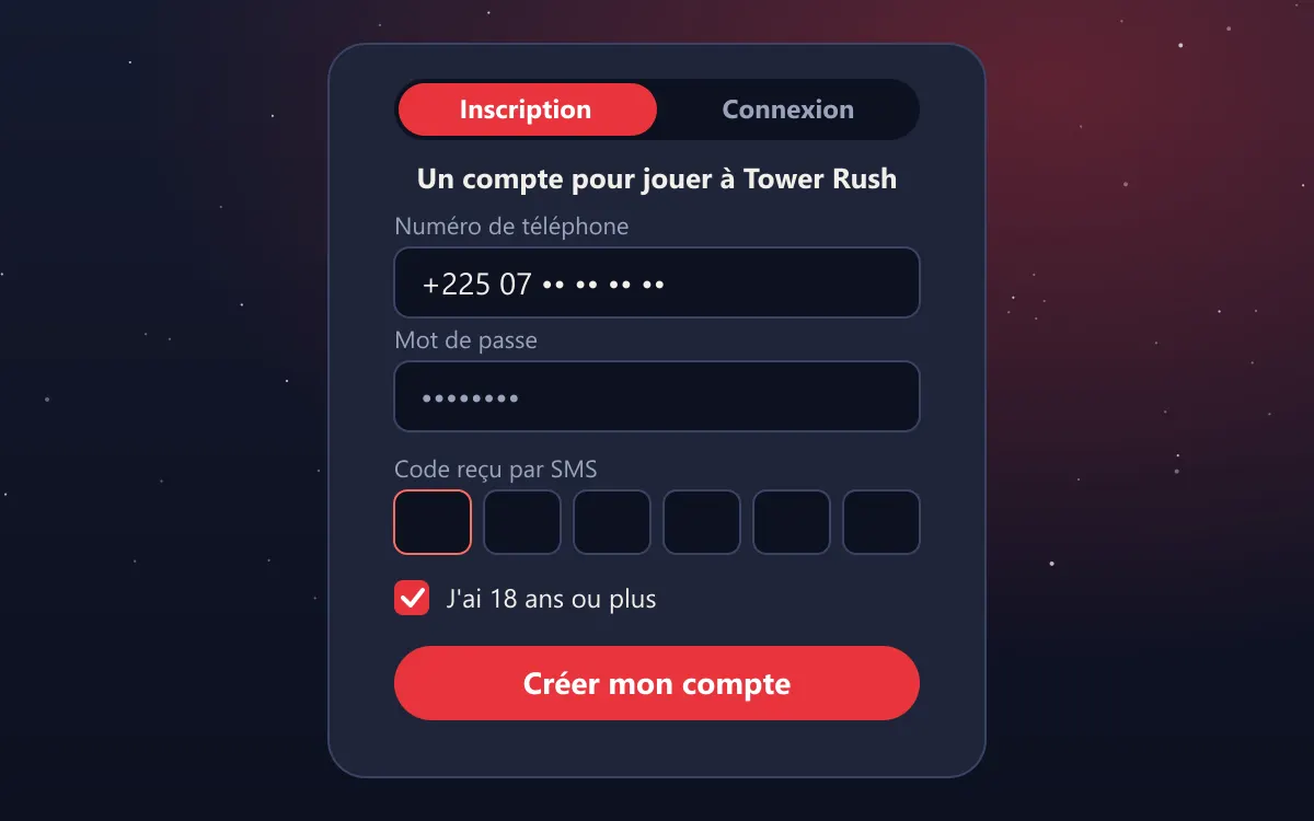 Écran de connexion pour jouer à Tower Rush en Côte d'Ivoire